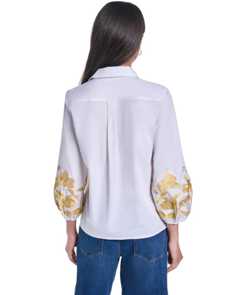Women's Gold-Tone Embroidery Puff-Sleeve Button-Front Blouse