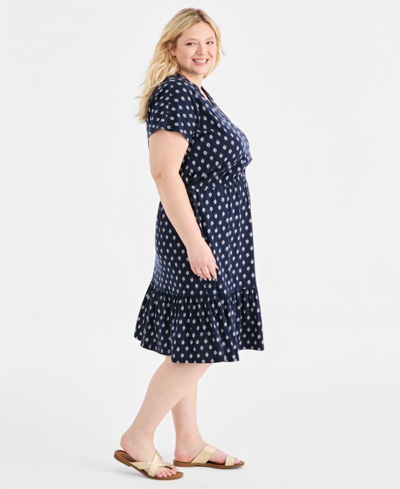 Plus Size Printed Split-Neck Tiered Midi Dress