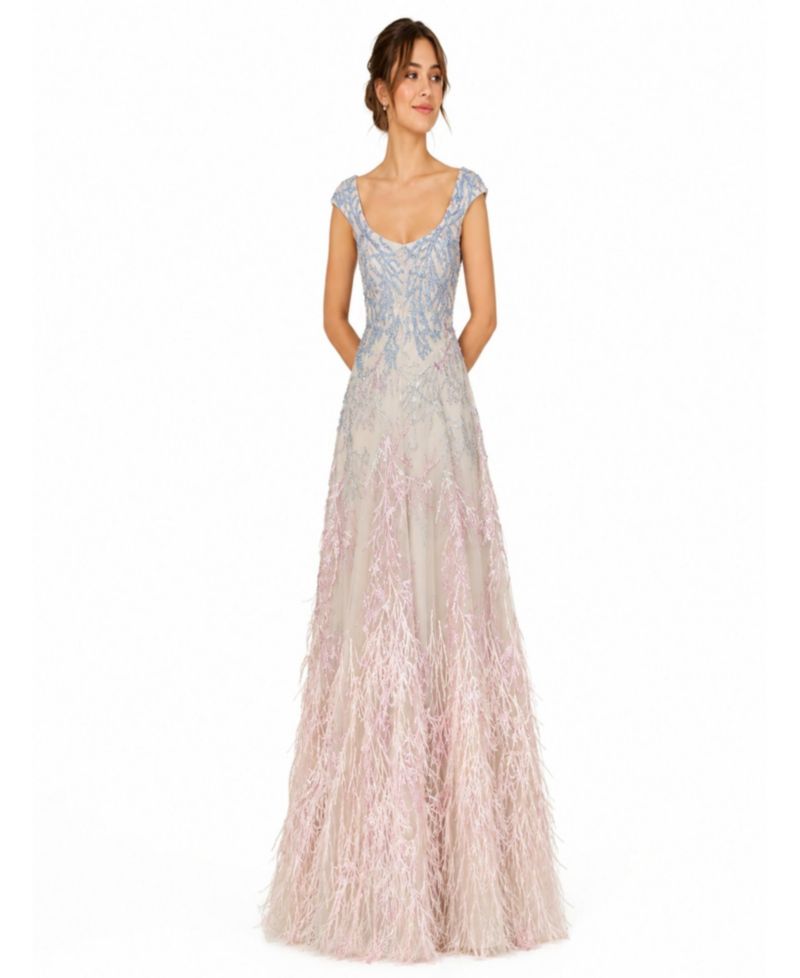 Women's Cap Sleeves Feather Detail Ballgown