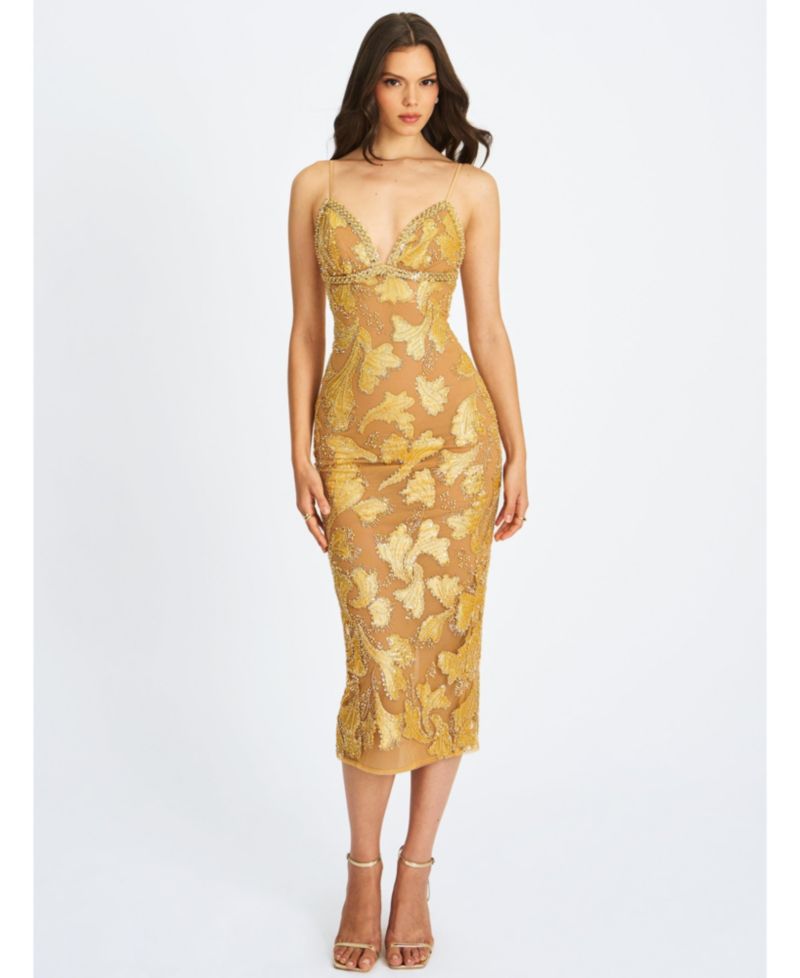 Women's Edie Gold Beaded Sequin Midi Pencil Dress