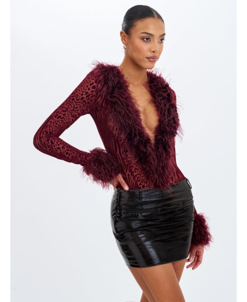 Women Valene Burgundy Burnout Velvet Fur-Trim Bodysuit