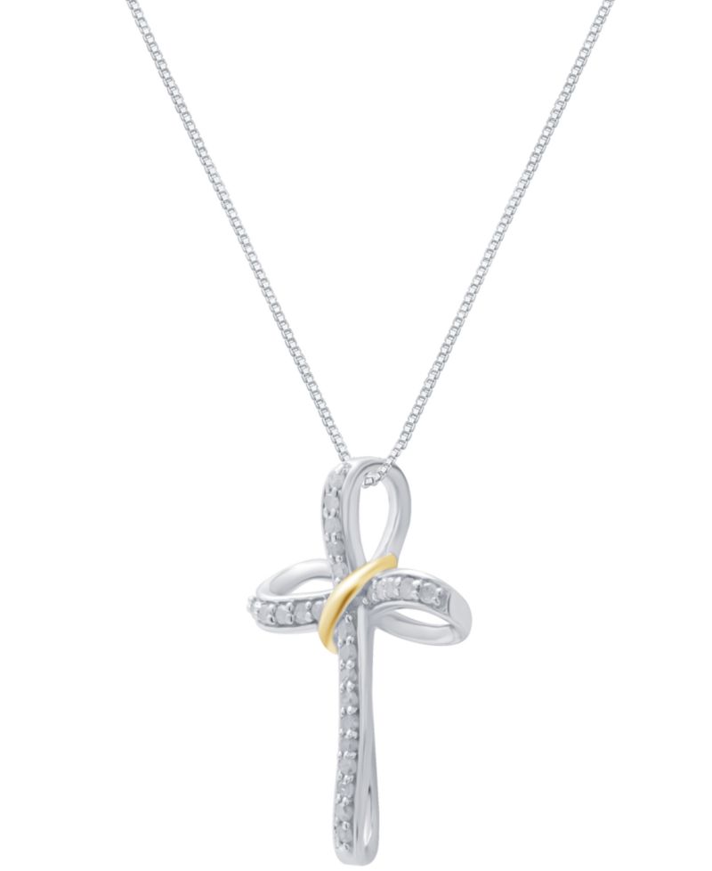 Diamond Cross 18" Pendant Necklace (1/4 ct. t.w.) in Sterling Silver & 14k Gold-Plate