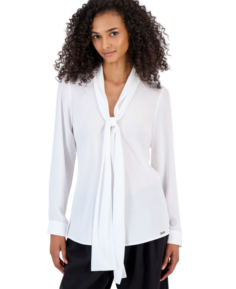 ASL Petite Tie-Front V-Neck Long-Sleeve Blouse