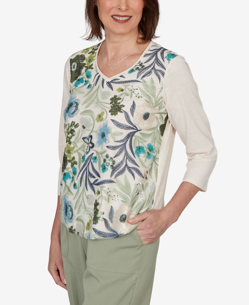 Petite Sequined Floral Mesh Overlay Knit Top