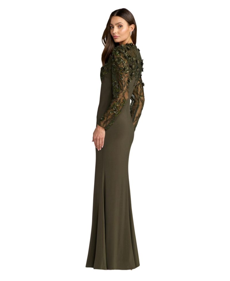 Women's Jersey Long Sleeve Fitted Gown With Floral Beading