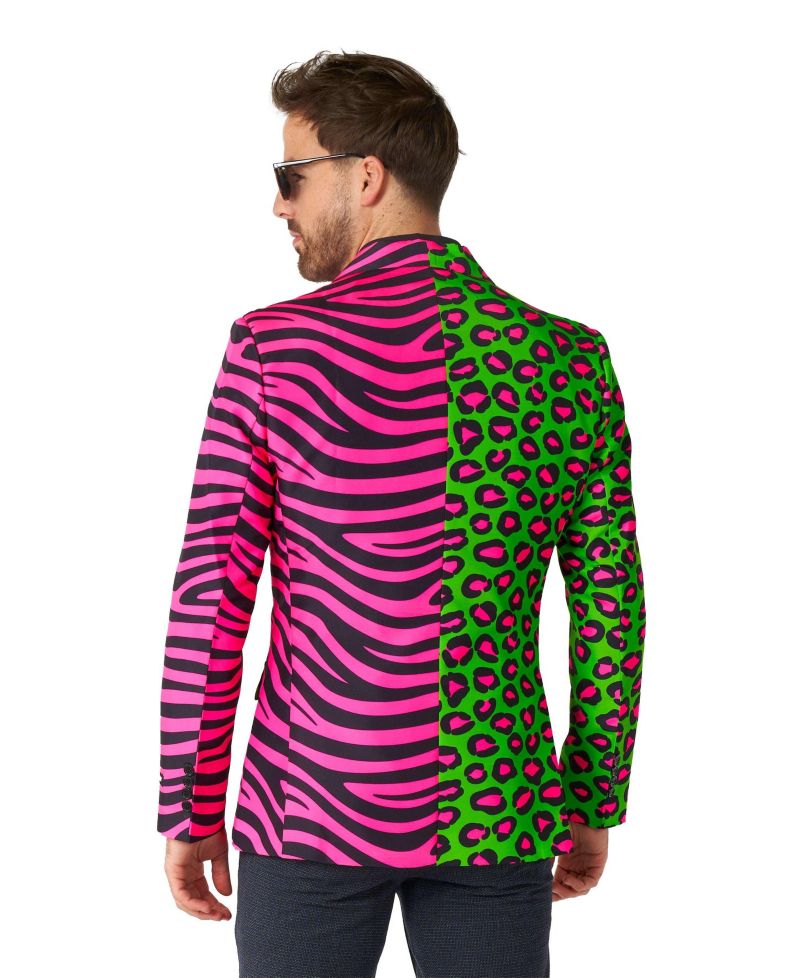Men's Party Blazer - Neon Animal Print Slim Fit - Green - Pink