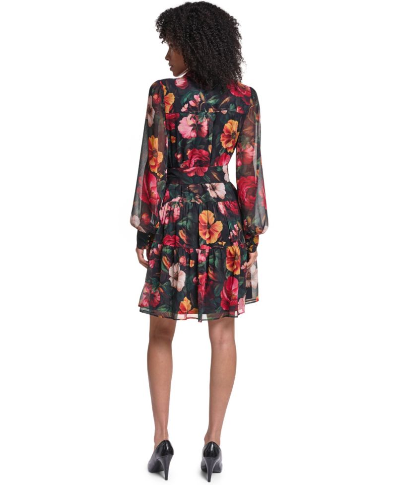 Women's Printed Grid Chiffon Shirtdress