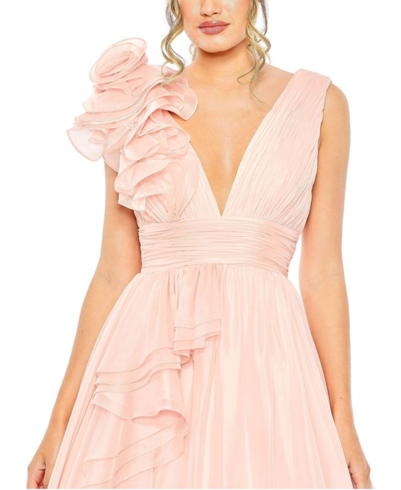 Women's One-Shoulder Ruffle Ball Gown with Plunging V-Neck