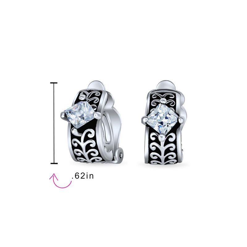 Bali Style Black Crystal Scroll Half Hoop Clip-On Earrings Silver Oxidized