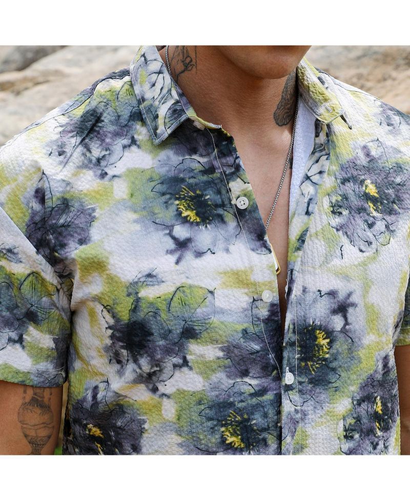 Men's Navy Blue & Powder White Smudged Botanical Shirt