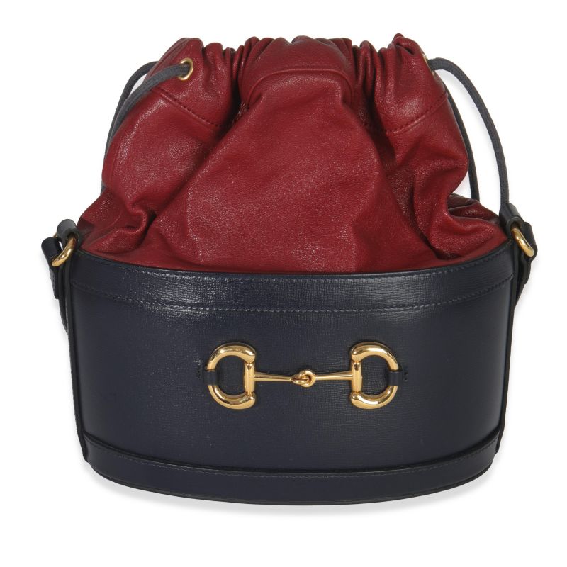 Red Navy Calfskin Horsebit 1955 Drawstring Bucket Bag