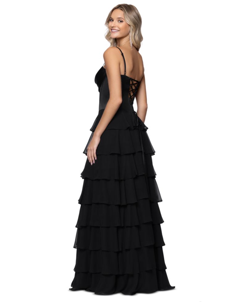 Juniors' Sweetheart Chiffon Tiered Lace-Up Back Corset Ball Gown