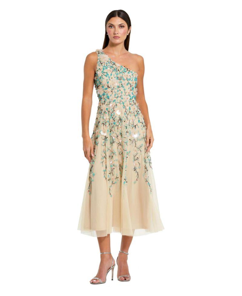 Women's Floral Embellished Mesh One Shoulder Midi Dress