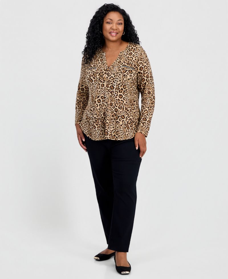 Petite Long-Sleeve V-Neck Leopard-Print Blouse