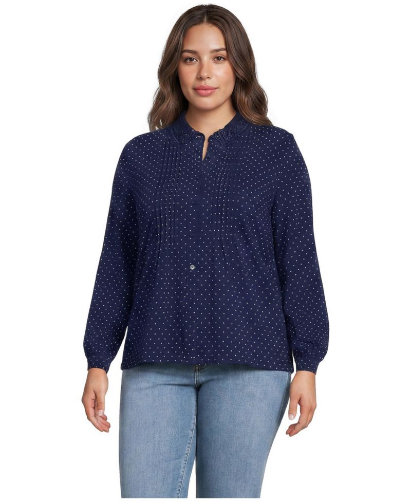 Plus Size Cotton Pintuck Lace Trim Collar Long-Sleeve Blouse