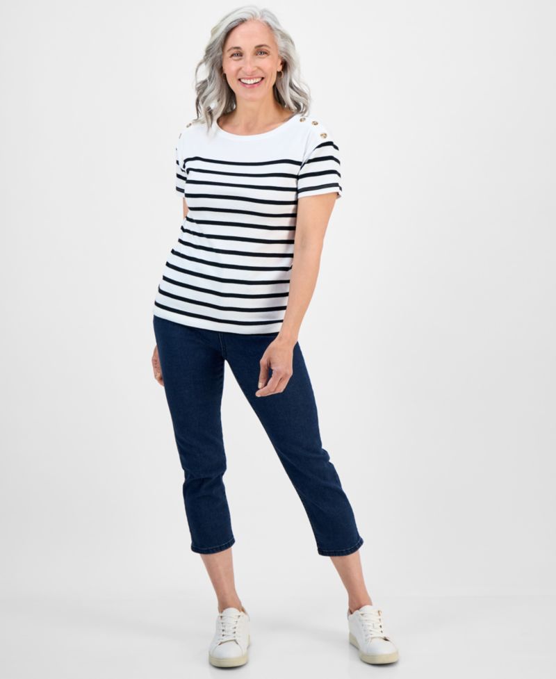Petite Cotton Button-Shoulder Tee