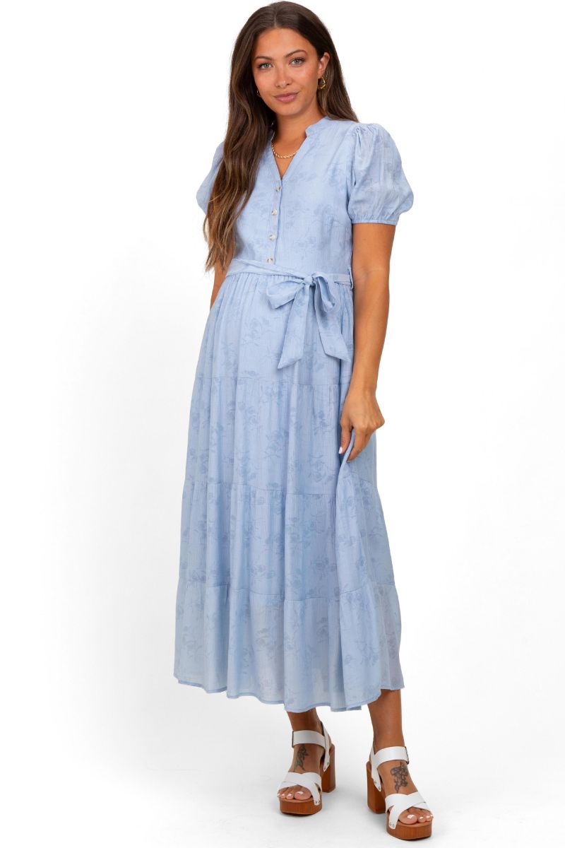 Women's Light Blue Split Neckline Tiered Midi Dress