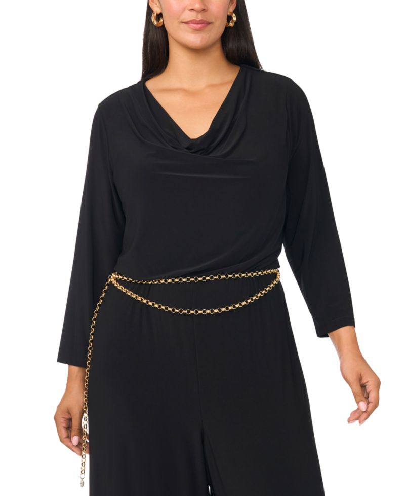 Plus Size Cowl Neck 3/4-Sleeve Wide-Leg Jumpsuit