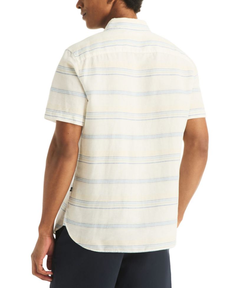 Men's Short-Sleeve Linen-Blend Horizontal Stripes Shirt