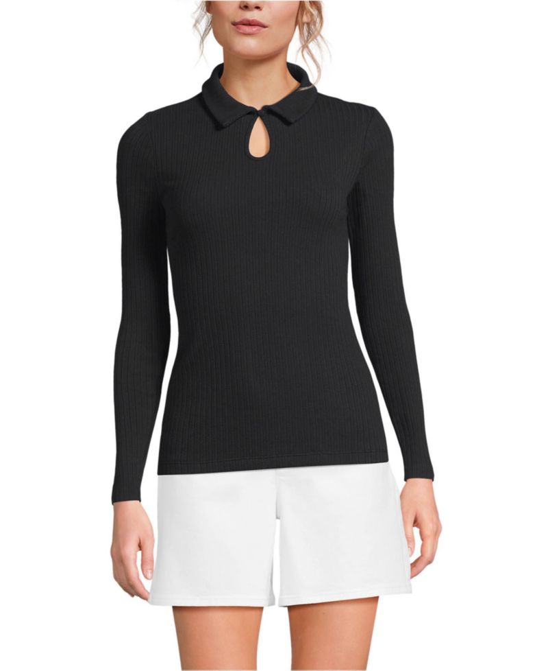 Women's Long Sleeve Pointelle Rib Keyhole Polo Top