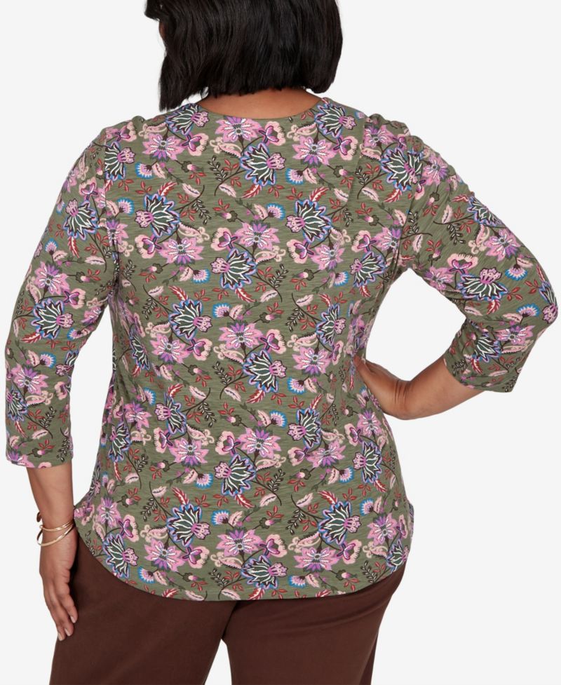 Plus Size Knt Garden Square Neck 3/4-Sleeve Floral Cotton-Blend T-Shirt