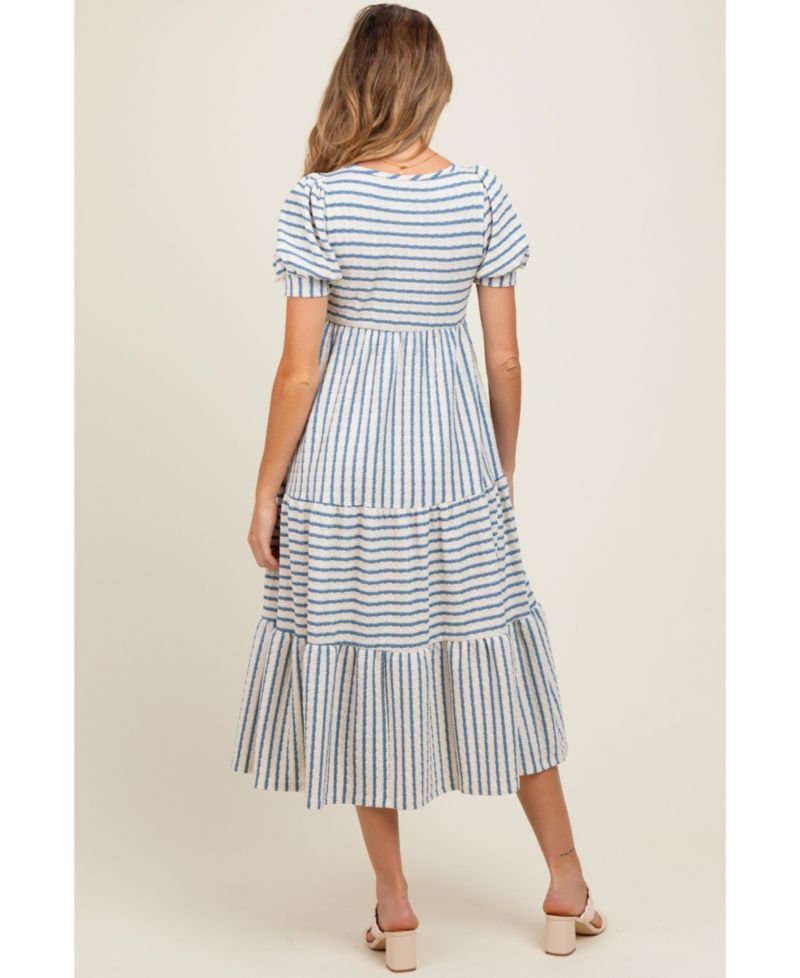 Women's Dusty Olive/ Cream Striped Short Sleeve Tiered Maxi Dress
