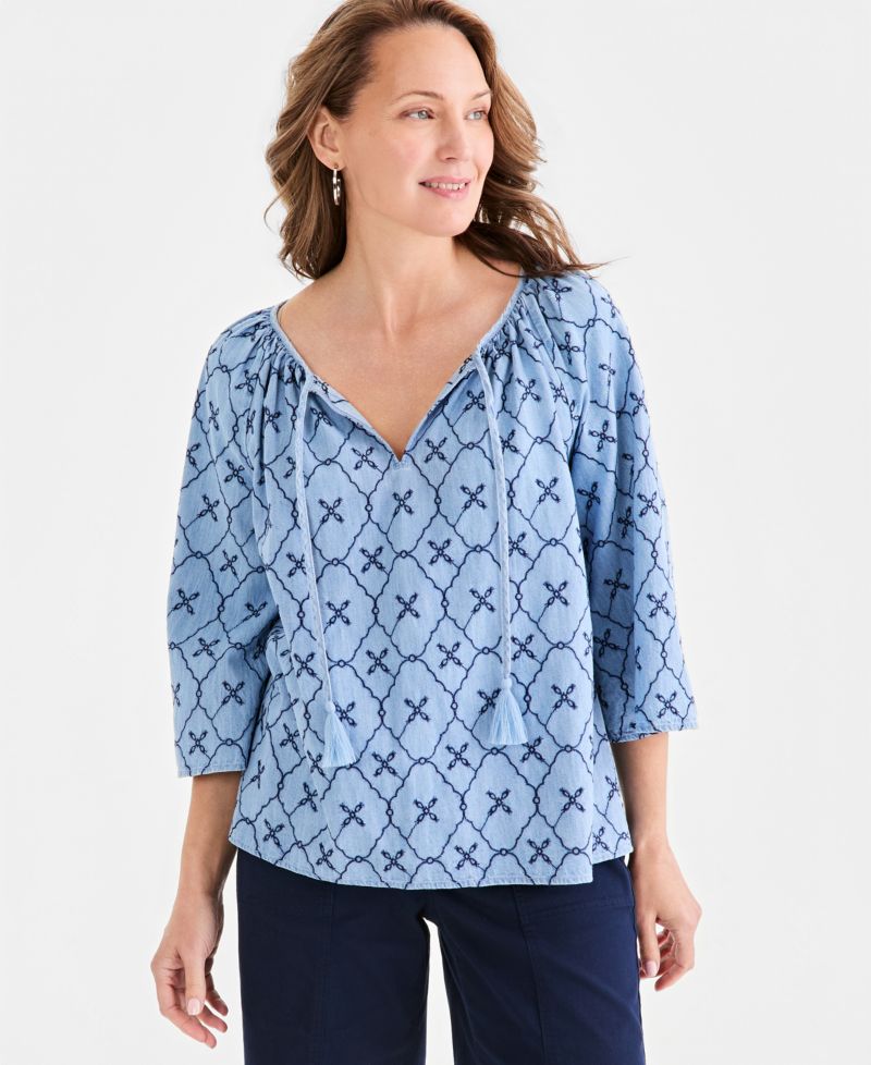 Women's Chambray Split-Neck Embroidery Top