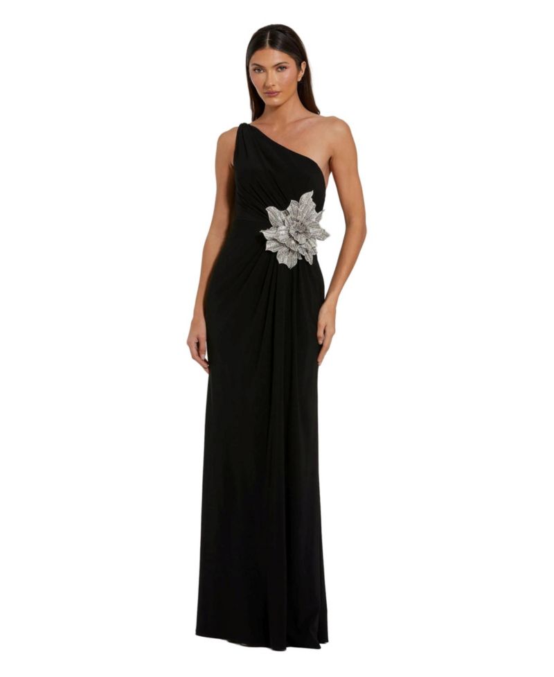 Women's One Shoulder Jersey Gown with Rhinestone Floral Applique