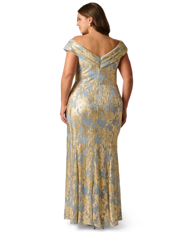 Plus Size Foil Leaf Off-The-Shoulder Mermaid Gown