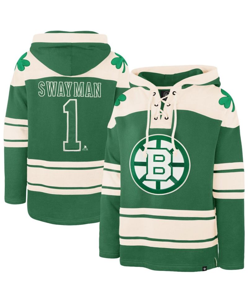 Men's Jeremy Swayman Kelly Green Boston Bruins St. Patrick's Day Player Name & Number Lacer Pullover Hoodie