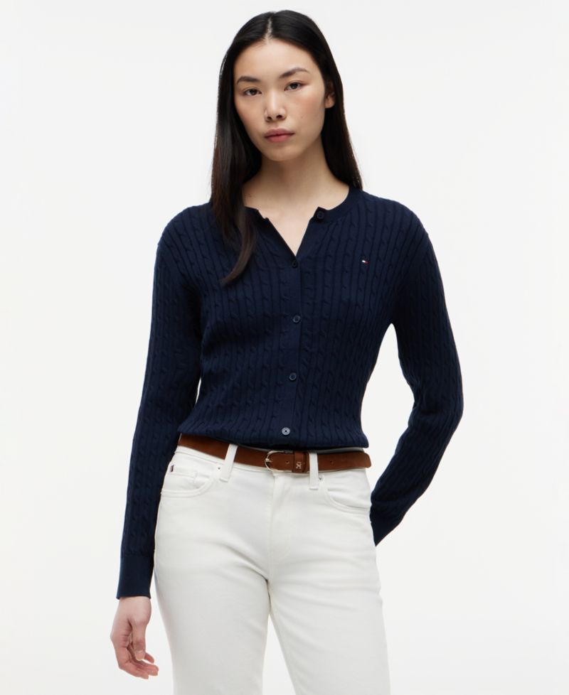 Women's Cable Knit Crew Neck Cardigan Sweater