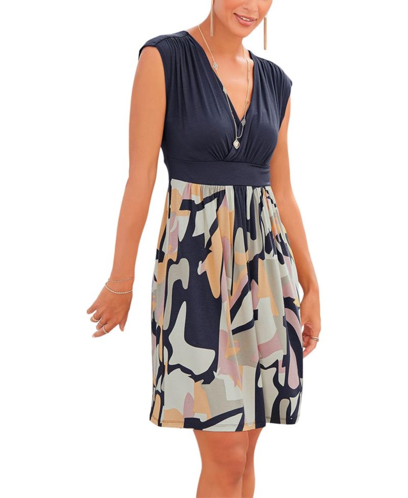 Women's Viscose Printed Look Wrap V-Neck Everyday Essential Short Dress