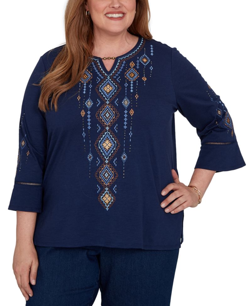 Plus Size Keyhole Neck 3/4-Length Bell-Sleeve Top