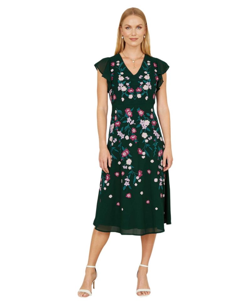 Women's Floral Embroidered V-Neck Midi Dress