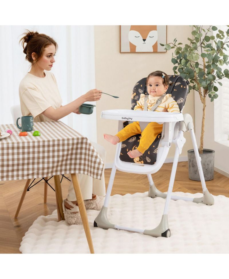 Toddler High Chair w/ 7 Height and 3 Footrest Adjustable Cup holder 2 Wheels
