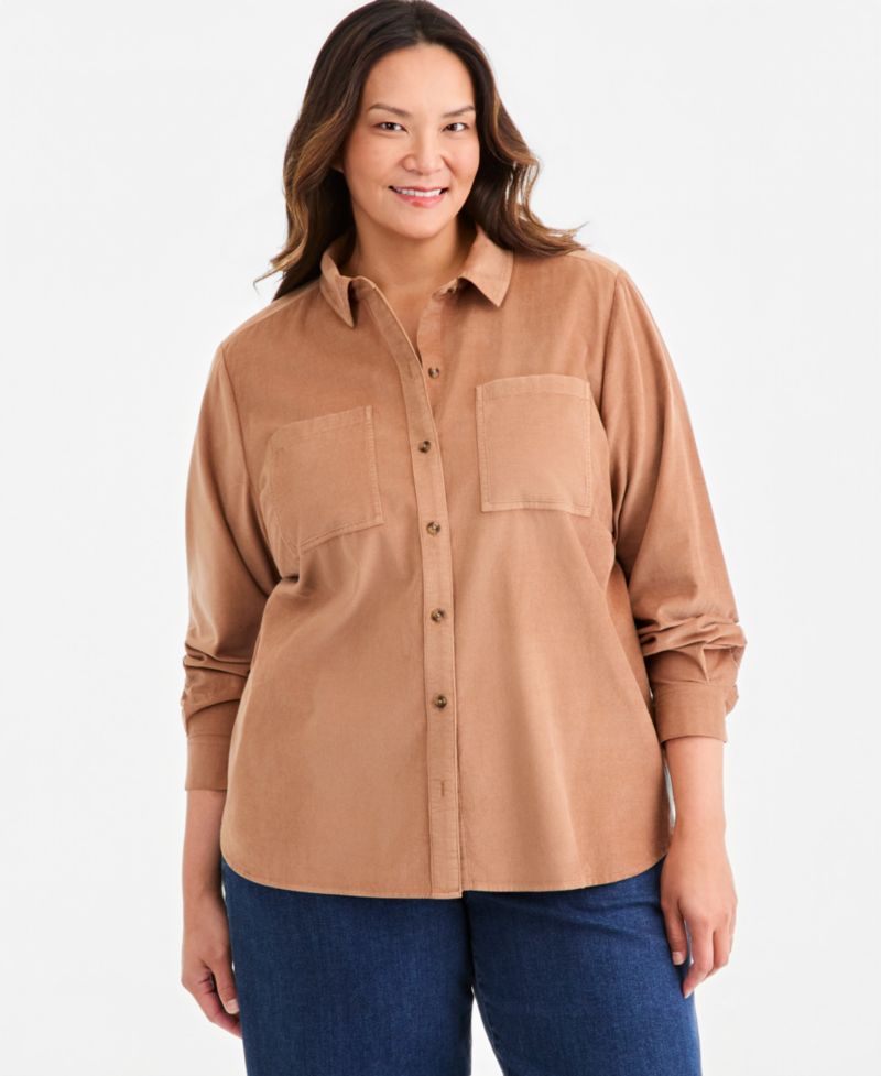 Plus Size Long-Sleeve Corduroy Overshirt
