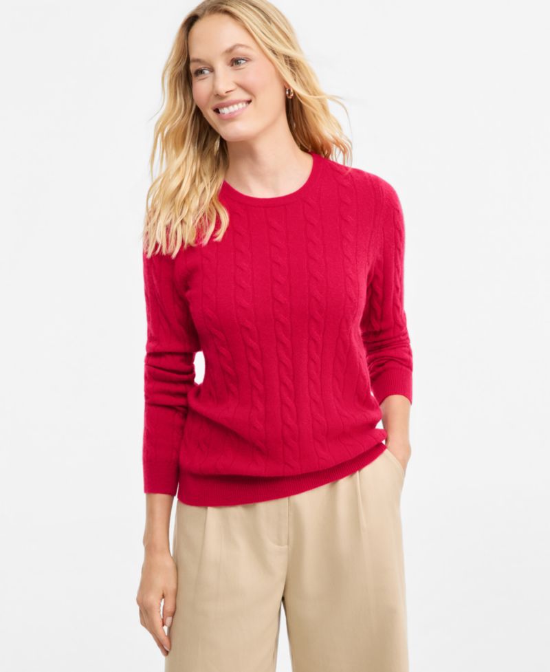 Petite Cable-Knit Crewneck 100% Cashmere Sweater