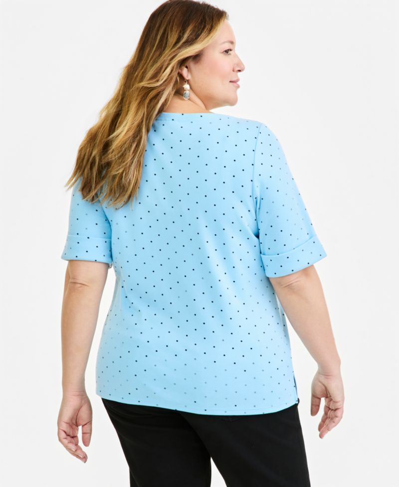 Petite Printed Boat-Neck Elbow Sleeve Top