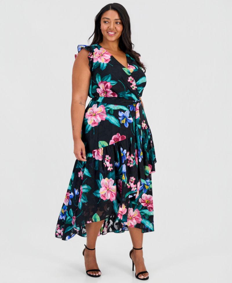 Women's Ruffle-Sleeve V-Neck High-Low Wrap Dress