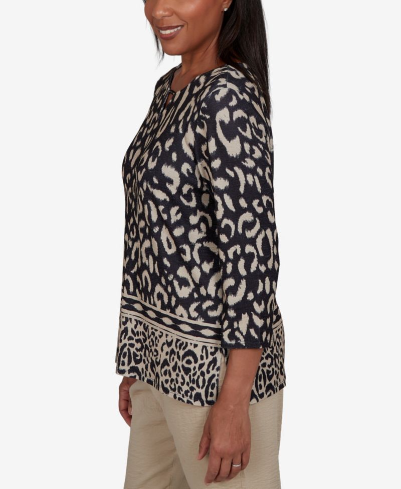 Women's Travel Advisory Animal Print Split Neck Knit Top