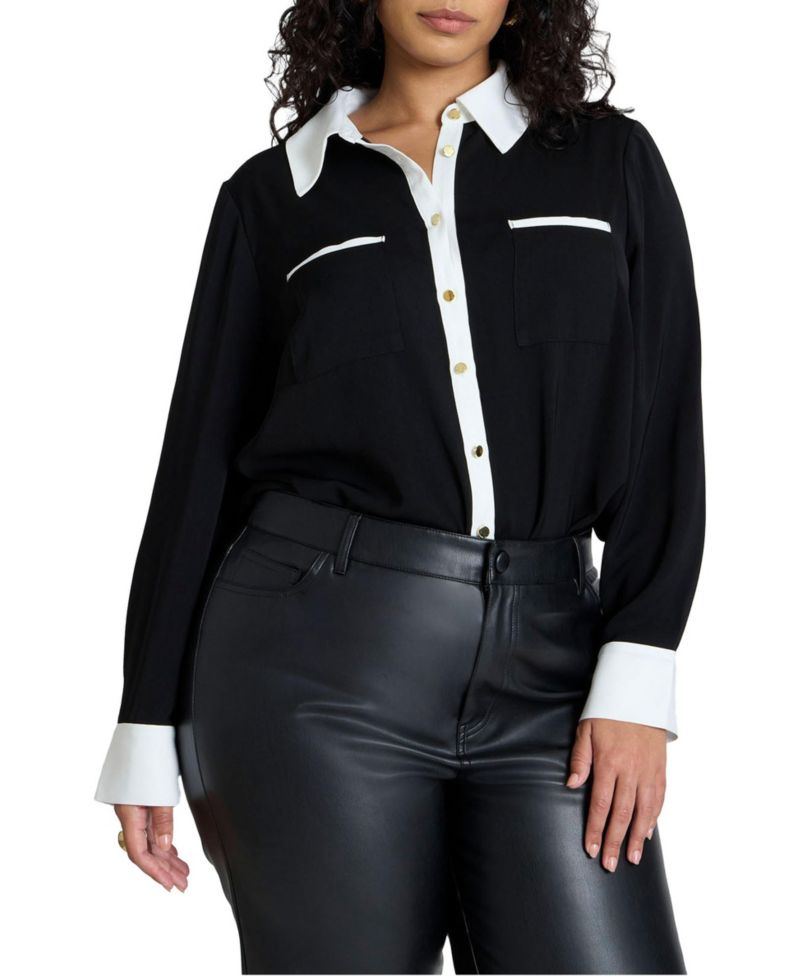 Women's Plus Size Combo Collared Long Sleeve Shirt