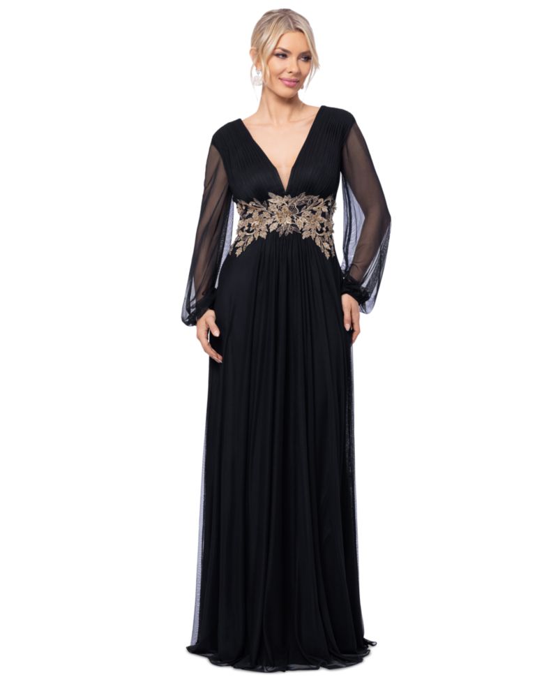 Plus Size Floral-Applique Long-Sleeve V-Neck Gown