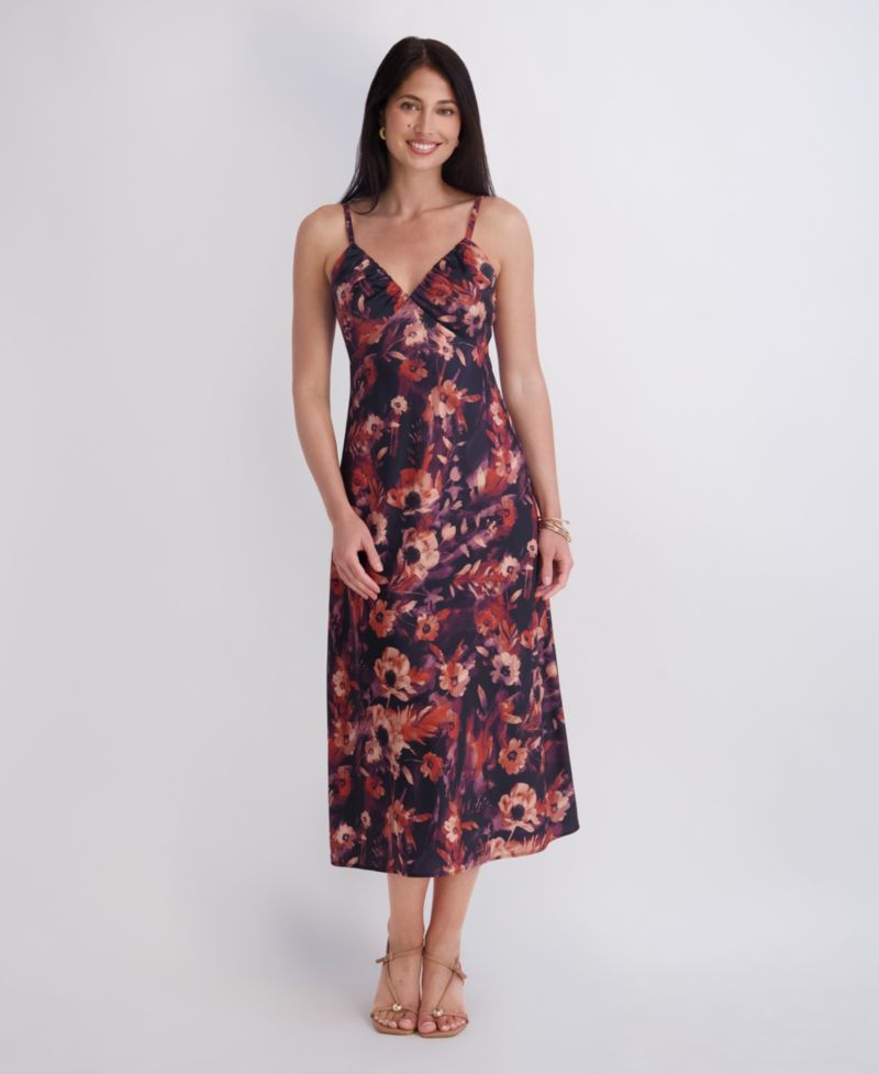 Women's Printed Satin Sleeveless V-Neck Maxi Dress