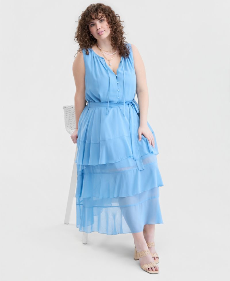 Trendy Plus Size Tiered Tie-Belt Maxi Dress