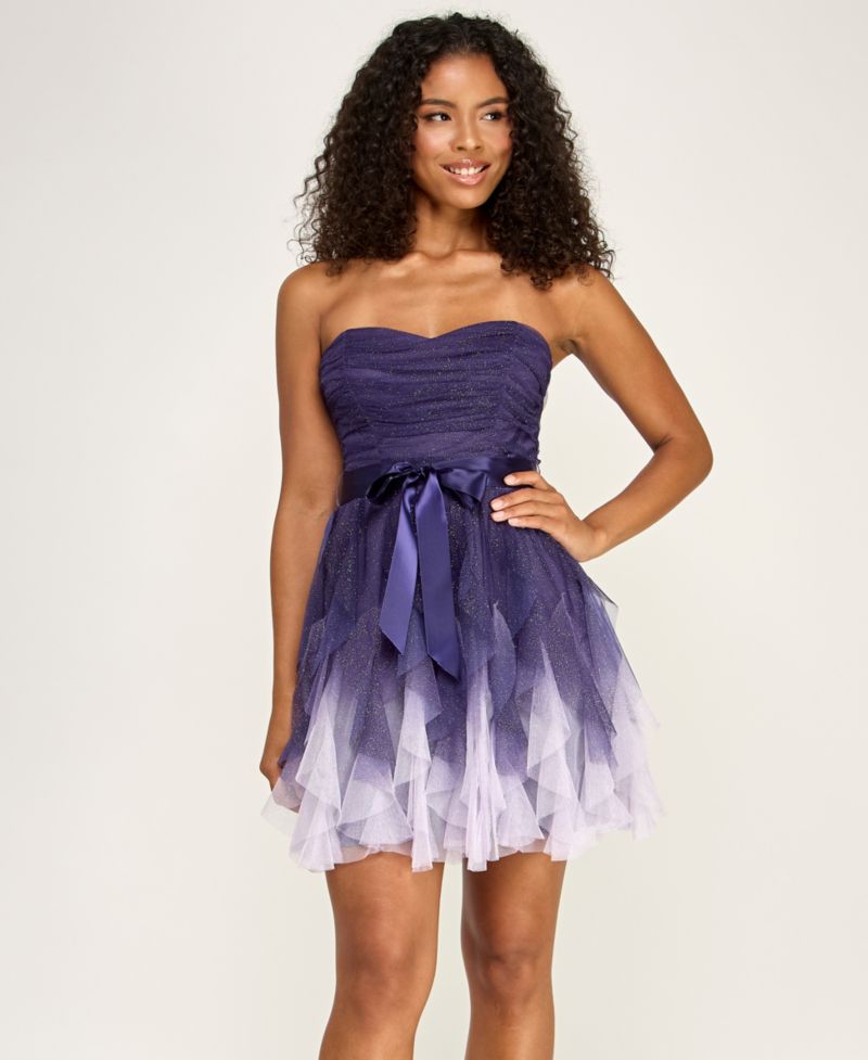 Juniors' Ombre Glitter Ruffled Petal Dress with Ribbon
