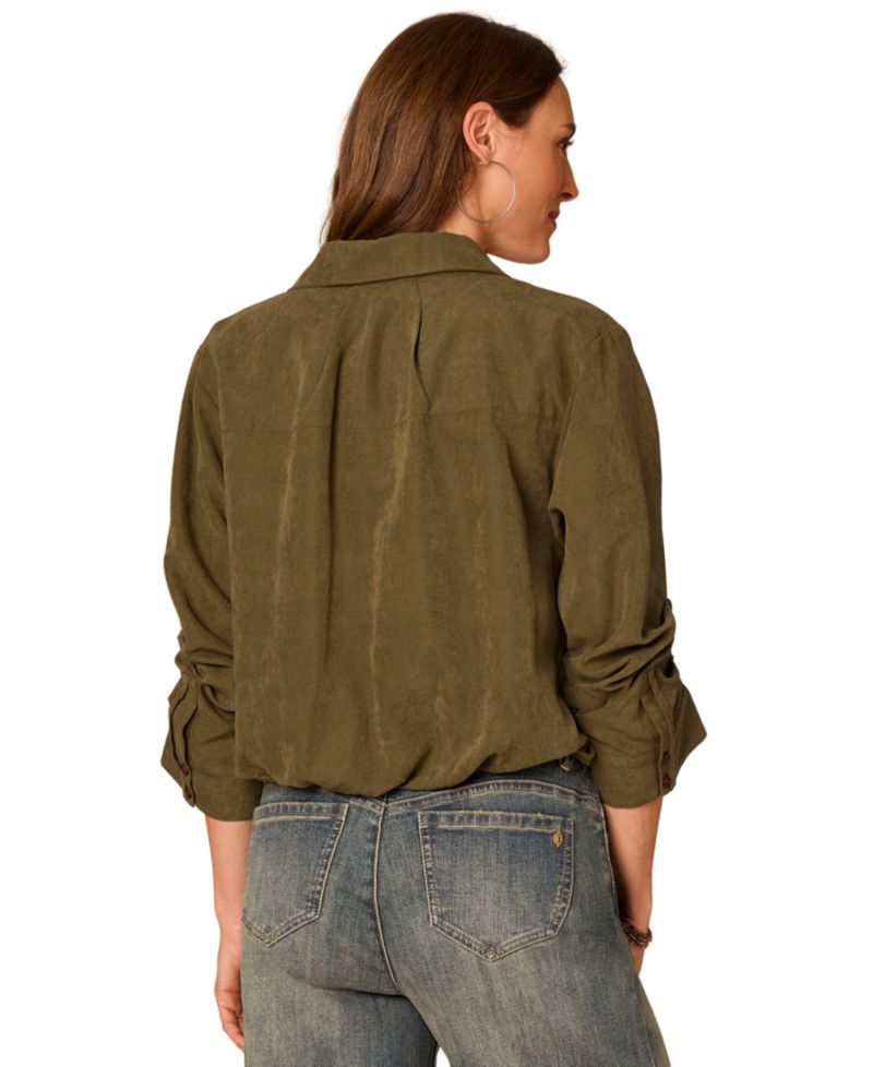 Petite Ruched-Sleeve Bubble-Hem Shirt