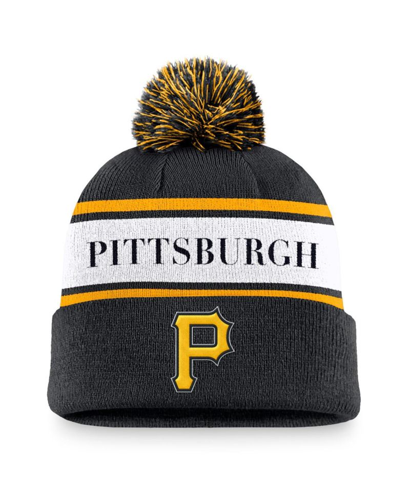 Men's Black Pittsburgh Pirates Team Stripe Peak Cuffed Knit Hat with Pom
