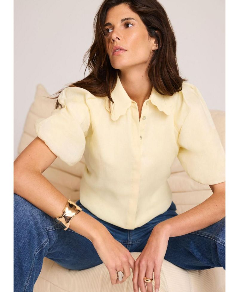 Women's Ramie Short-Sleeve Puff-Sleeve Blouse