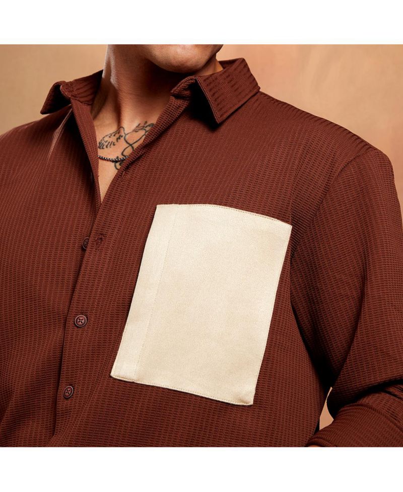 Men's Chocolate Brown Block-Patch Oversized Shirt