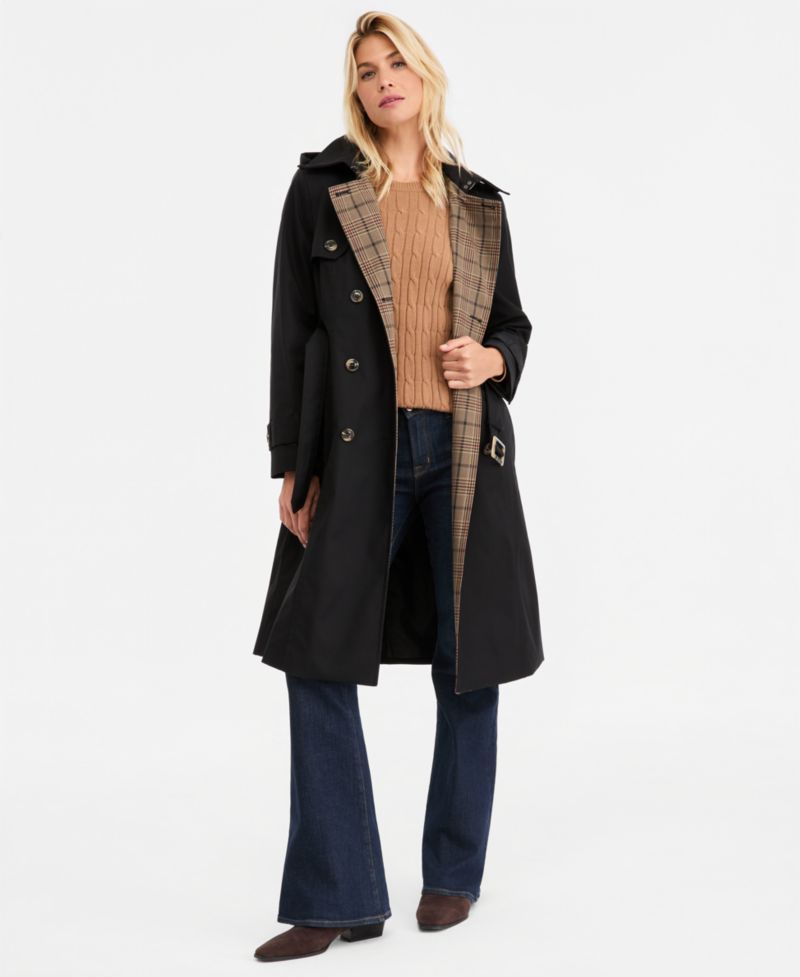 Women's Plaid-Collar Belted Trench Coat, Created for Macy's